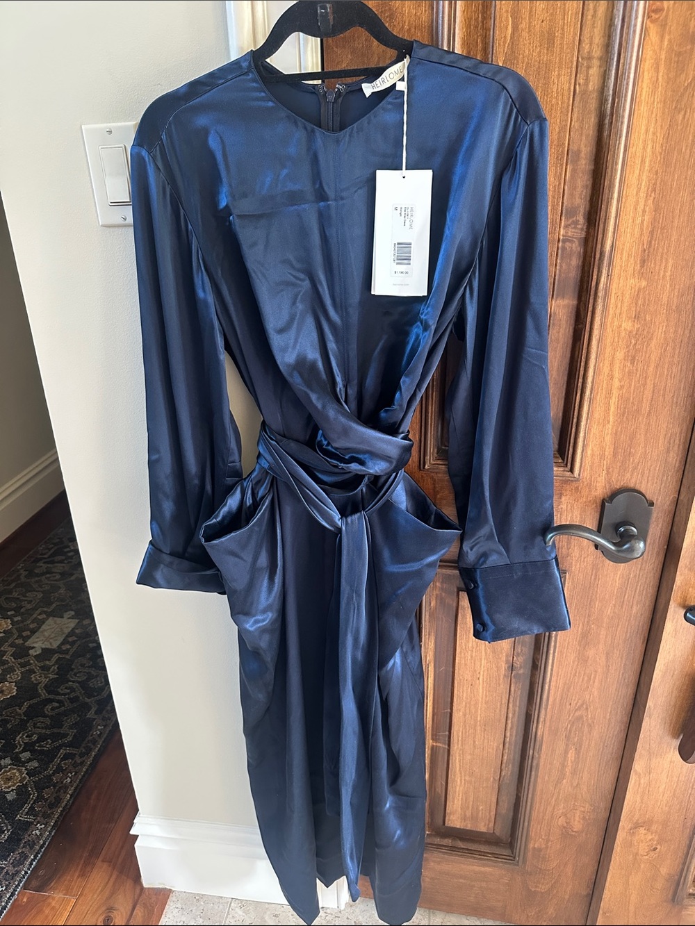 Heirlome NWT designer Navy Satin Wrap Dress with Pockets sz Medium